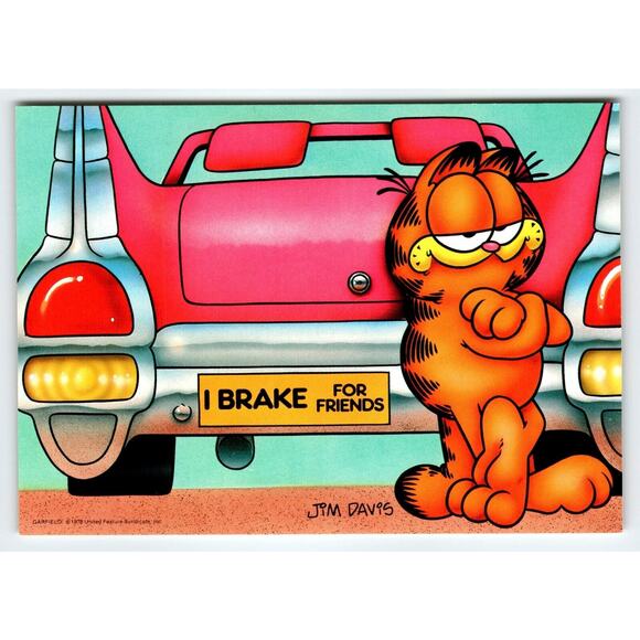 Garfield I Brake For Friends Old Car Postcard Jim Davis Comic Tabby Cat 1978 - Picture 1 of 2